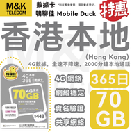 Mobile Duck x CMHK - 【香港本地】 365日 年卡 上網卡 電話咭 數據咭 70GB 贈送通話時長 即買即用 4G全覆蓋 共享網絡 有效期長至2025年 sim卡 sim咭