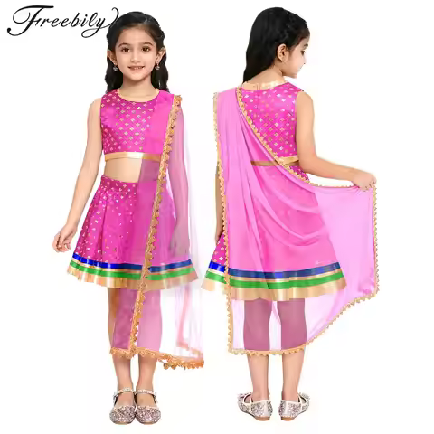 Girls Indian Traditional Ethnic Lehenga Choli Outfit Metallic Floral Print Crop Top with Skirt Hallo