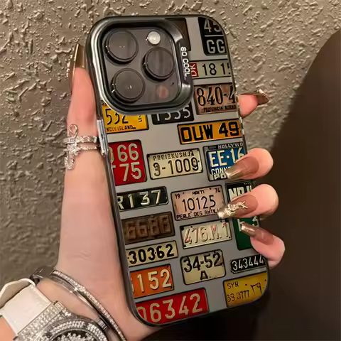 Vintage Car License Plate Pattern Electroplate Silver IMD Phone Case For iPhone 11 12 13 14 15 16 Pr
