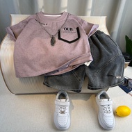 Qianqian Boys Summer Suit 2025 Handsome Children Short-Sleeved Overalls Two-Piece Suit Baby Summer T