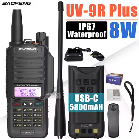 UV-9R Plus 8W Baofeng Walkie Talkie IP67 Waterproof Upgraded Thickened 5800mAh Battery Type-C Charge