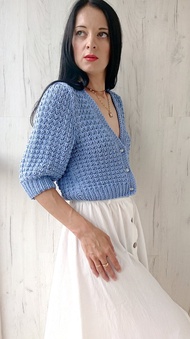 華夫格紋毛衣外套 短袖鈕釦開襟毛衣 女款短版針織外套