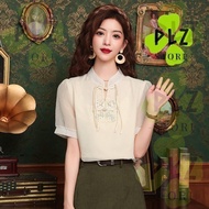 旗袍 Blouse Women Chiffon Embroidery Beige Blouse