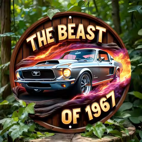 Vintage 1967 Beast Muscle Car Round Metal Wall Art Sign, Retro Blue Flame Aluminum Garage Decor 7.87