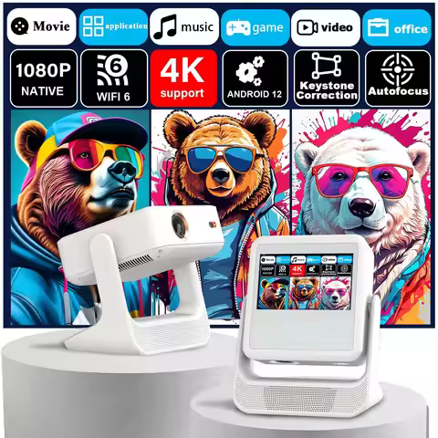 Projector 4K Portable, 8" Touch, WiFi Bluetooth, Dual Screen HDMI USB, Outdoor Movie Gaming Projecto