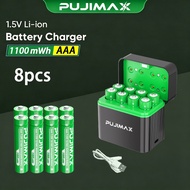 PUJIMAX  8-Slot AAA  1.5V 1100mWh Li-ion Battery Charger fast charging- with a Type-C Charging Cable