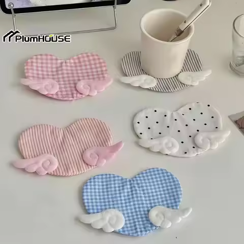 1Pcs Aesthetic Plaid Anti Scald Table Mat Sweet Girly Angel Wing Heart Coaster Cute Desk Decor Birth
