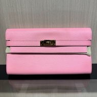 HERMES Kelly To Go系列 金扣粉色 長钱包 手包