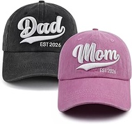 2PCS Mom and Dad EST 2025 2026 Hat, 3D Embroidered Adjustable New Parents Gifts Baseball Cap