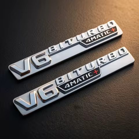 Glossy Black Metta Black Chrome Emblem for Mercedes Benz V6 BITURBO 4matic+ Car Styling Fender Badge