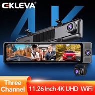 EKLEVA กล้องติดรถยนต์ DVR 4K UHD 11.26 "กล้องหน้า/ห้องโดยสาร/กล้องมองหลัง GPS ติดตามการเล่น5G Wifi กระจกมองหลัง24H จอดรถลงทะเบียนกระจกรถยนต์