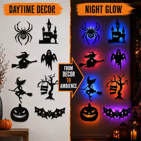 8PCS/14PCS LED Halloween Wall Sticker 3D Hollow Night Light Bat Pumpkin, Spider Witch Castle Ghost P