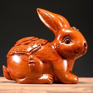 "Handmade Solid Wood Carving Fortune Rabbit - Large Wooden Zodiac Rabbit Ornament, Lucky Redwood Rab