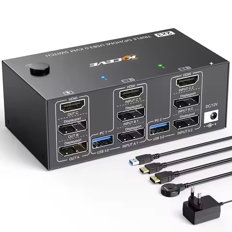 8K Triple Monitor KVM Switch 3 Monitors 2 Computers, 2 Displayport + HDMI USB3.0 KVM Switch with 4 U