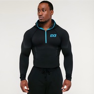3X3 Men Half Zip Hooded Compression Top Quick Dry Black Cyan Long Sleeve Basketball Training Athleti