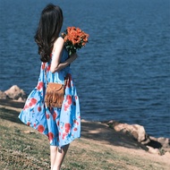 MZB Japanese style slip dress for girls summer sleeveless irregular print skirt Sanya vacation Hawai