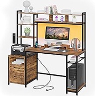 Computer Desk with Shelves and 2 Drawers, 59" Rustic Brown Office Desk with Hutch Removable Monitor Stand, Gaming Desk with LED Lights Power Outlets for Gaming Office Study Writing Laptop Workstation