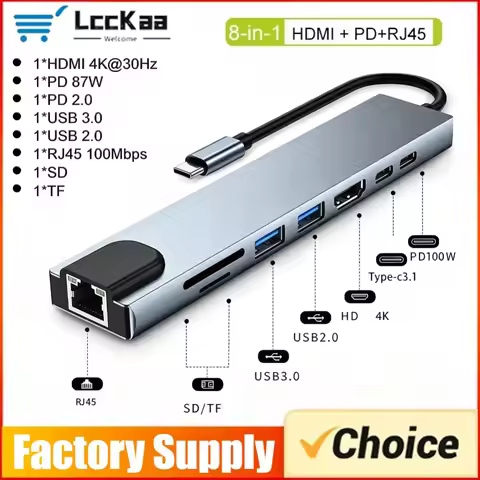 8 in 1 Type C HUB Docking Station To HDMI 4K 30HZ Type C To RJ45 100Mbps Ethernet SD TF Adapter HDMI