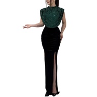 Women Glitter Dress Round Neck Sleeveless High Waist Lady Sequins Split Long Dress Evening Party Gow