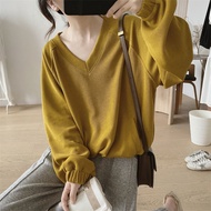 【Plus Size】(40-150kg) Oversize Women Long Sleeve V-neck Plus Size T Shirt Plain Loose Minimalist Tsh