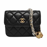 CHANEL 黑色羊皮菱格紋金球斜挎包單肩包腰包/胸包 金色五金 31開