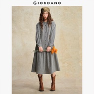 GIORDANO Women Dresses Ruffle Band Collar Houndstooth Dresses Half Placket Gathered Hem Fashion Casu
