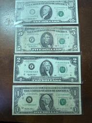 美金套組∼少見難蒐1995年版美國美金1、2、5、10(同簽名同年份）4張合拍