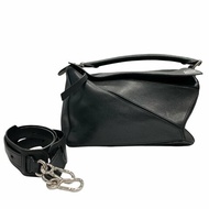 LOEWE 羅威 PUZZLE MEDIUM 中號拼圖包 皮革 黑色 銀釦