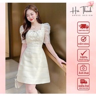 (GENUINE HALE) V452 Square neck A-shaped cream dress with 3D flowers Ha Thanh Boutique made of Tafta