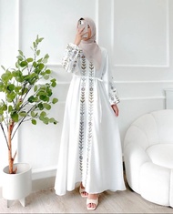 Gamis Putih Bordir Remaja Muslim Model Terbaru LD 110 Rauna Dress Matt Crinkle Airflow Gamis Motif B