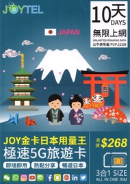 JOYTEL日本10天全網通勁量王極速5G/4G無限上網卡Softbank Docomo KDDI 即插即用 無需登記 全日本使用Japan data sim 沖繩 北海道 大阪 福崗 偏遠地區使用