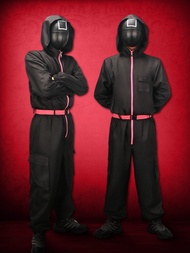 Squid Game เด็กและผู้ใหญ่สีดำสีปลาหมึกเกมผู้ดูแลระบบวายร้ายชุดคอสเพลย์ชุดคอสเพลย์พร้อมหน้ากากจั๊มสูท