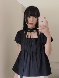 75020 ins Summer Elegant Square Neck Streamer Short Sleeve Shirt