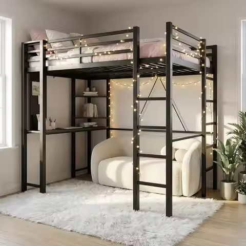 Metal Loft Bed with Desk Full Size Space-Saving Frame 2 Ladders Guardrail Noise-Free Small Bedroom C
