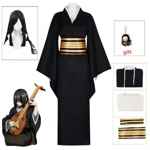 Nakime Otokawa Cosplay Costume Wig Anime Kimetsu No Yaiba Black Suit Uniform Belt Kimono Women Hallo