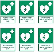 Stickers: 75 x 50 mm, Pack of 6 – Automated External Defibrillator (AED) – Rescue Sign with Text (Ge