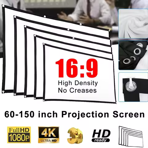 60-150 inch Foldable 16:9 Projector Screen Portable High Density White No Creases Soft Home Movie Th