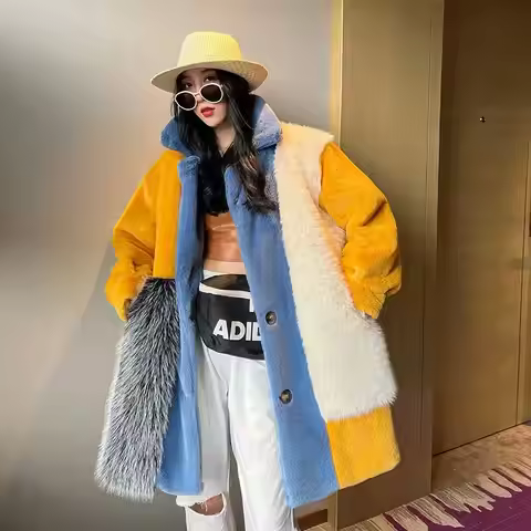 Fashion Trend Faux Winter One Tuscan Fur Coat Contrasting Color Lapel Overcoat