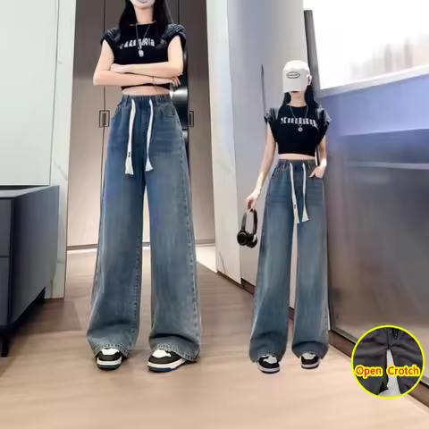 Woman Open Crotch Jeans Pants with Seamless Zipper Outdoor Sport Loose Foot Jeans Couple Gift Elasti