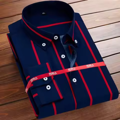 M-5XL Men's Casual Shirts with Classic Black and White Striped Design Plus Sizes Long Sleeve Shirts 