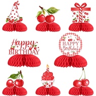 Jollyboom Cherry Theme Birthday Decoration Girl, 8pcs Cherry Happy Birthday Honeycomb Centerpiece Ta