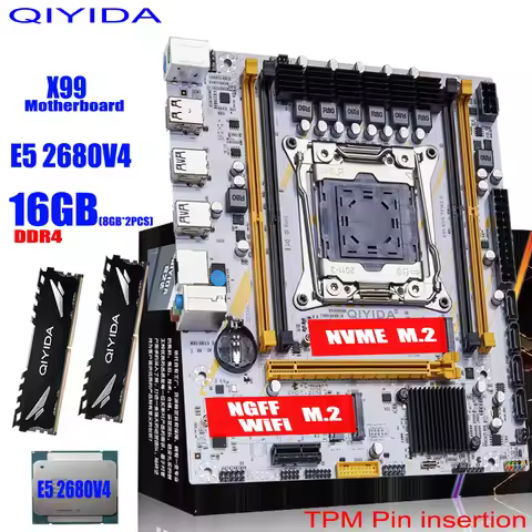 QIYIDA X99 Motherboard LGA2011-3 Set Kit Xeon E5 2680 V4 CPU Processor 16GB=2*8Gb DDR4 RAM Memory NV