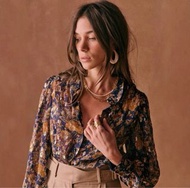 Sezane Style Embroidery Gold Stitches Navy Blue Floral Shirt 法式雪紡金絲刺绣印花藍色薄款恤衫