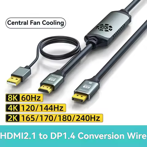 HDMI2.1 to DP1.4 Conversion Cable 4K 144Hz, 2K 240Hz with Power Supply and Fan Cooling for Connect P