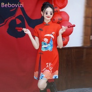 Traditional Chinese Style Red Cheongsam 2024 Summer Modern Improved Short Stitching Women's Qipao Dr