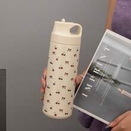 1pc 550ml/18.6oz Vacuum Insulated Tumbler, Bow & Cherry Design Leak-Proof Flip Lid Travel Mug, Leak-