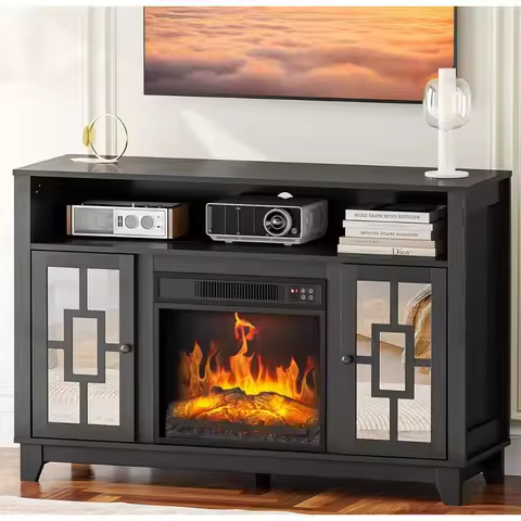 Fireplace TV Stand for 60 Inch TV - Modern Entertainment Center with Glass Door Storage Cabinet, Med