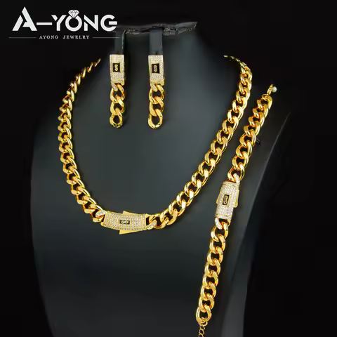 Monaco Zirconia Chunky Cuban Jewelry Set 24k Gold Plated Italian Hip Hop Necklace Bracelet Earrings 