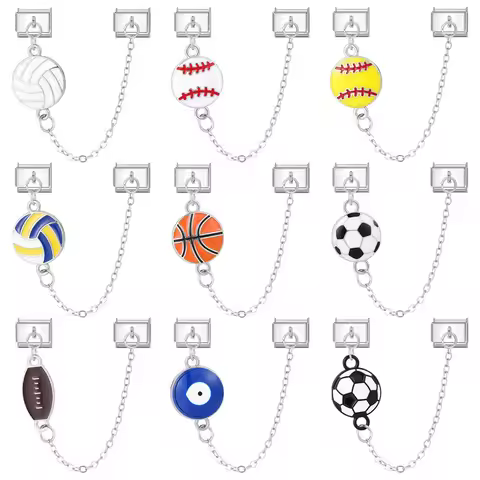 Blue Devil Eyes Tennis Ball Soccer Basketball Tassel Chain Italian Charm Link Fit 9MM Bracelet Stain