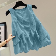 Ruffled Chiffon Patchwork Pullover Shirt 2025 Summer Korean Loose Slimming Solid Color Zipper Casual